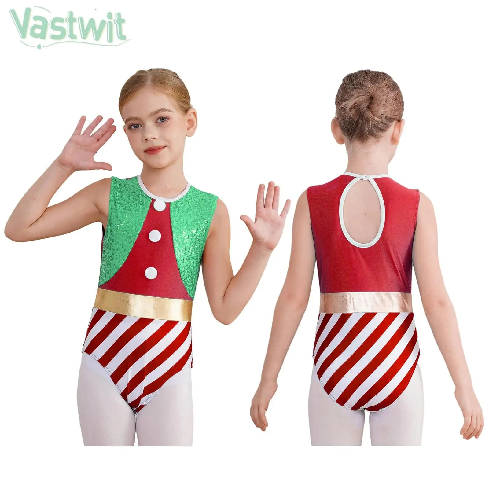 Children Girls Christmas Ballet Dance Gymnastics Skating Leotard Sleeveless Sequins Stripes Bodysuit for Xmas New Year Halloween