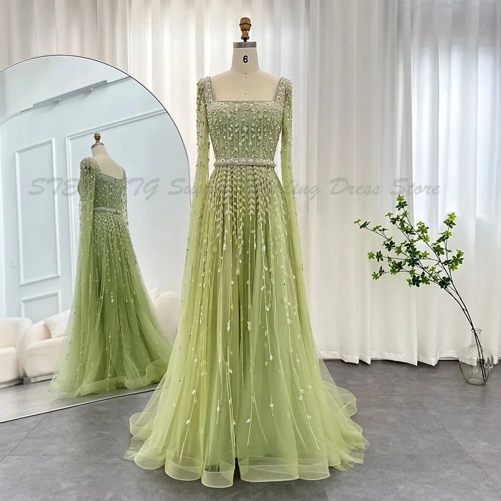 Luxury Evening Dresses Women High Quality Floor Length Sweep Train Long Sleeves Prom Party Square Collar Banquet Gowns Classic