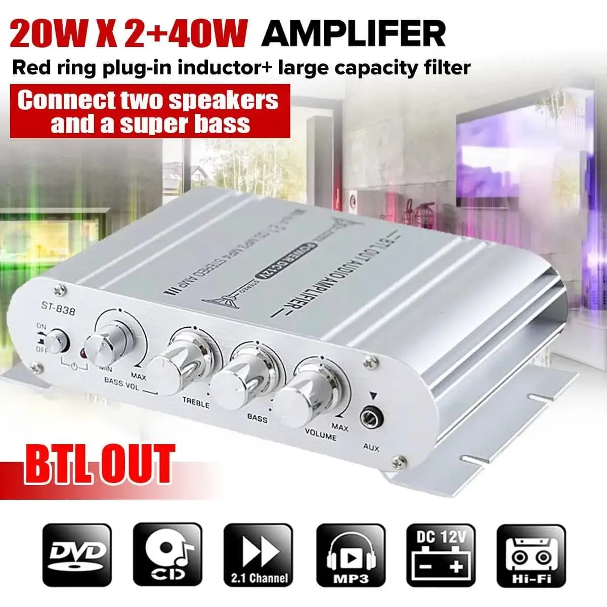 ST-838 2.0 Channel Amplifier with 2.1 Subwoofer Amplifier, Powerful Bass and High-Quality Sound System for Home Audio