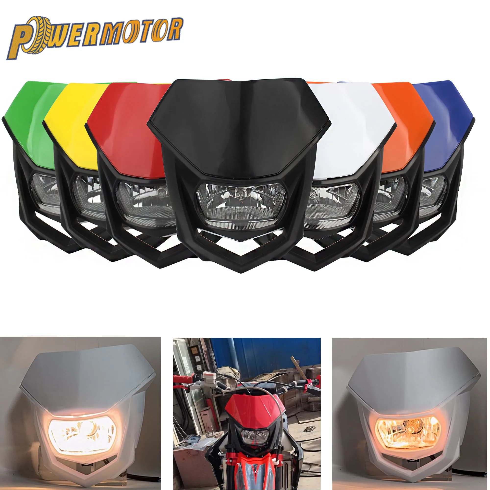 Powermotor Enduro Motorcycle Mask Universal Moto Halogen for KTM Honda Yamaha Kawasaki Suzuki Enduro Motocross Headlight Plate