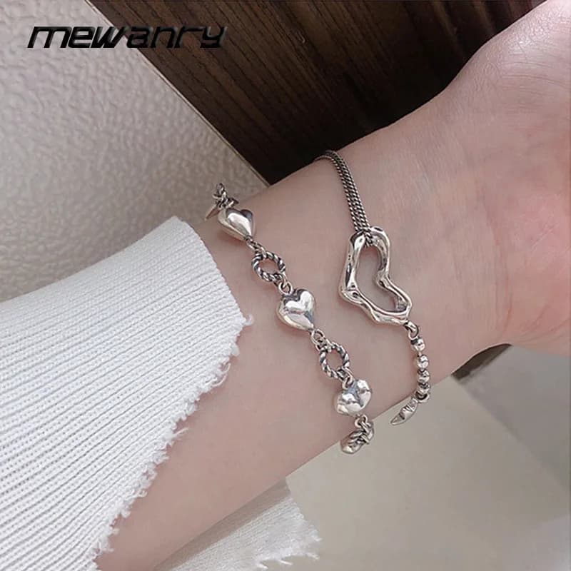 Mewanry Silver Color Love Heart Geometric Bracelet For Women Girl Classic Fashion Elegant Vintage Simple Engagement Jewelry Gift