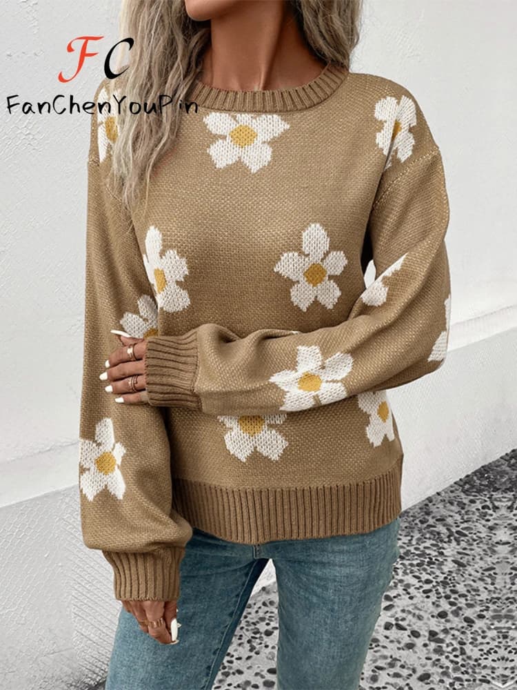 Autumn Winter New Women's Sweater Fashion O-Neck Long Sleeve Knitted Top Casual Elegant Floral Baggy Exquisite Pullover Female
