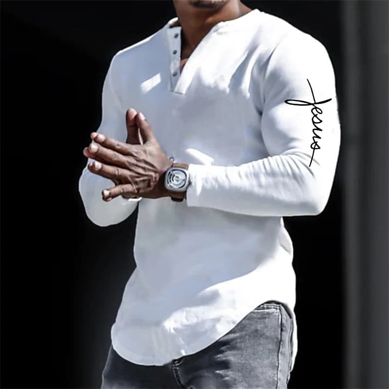 Spring Henley Shirts Jesus Christ Cross 3D Print Streetwear Men's Vintage Button-Down Long Sleeve T Shirt Man Tees Tops Clothing