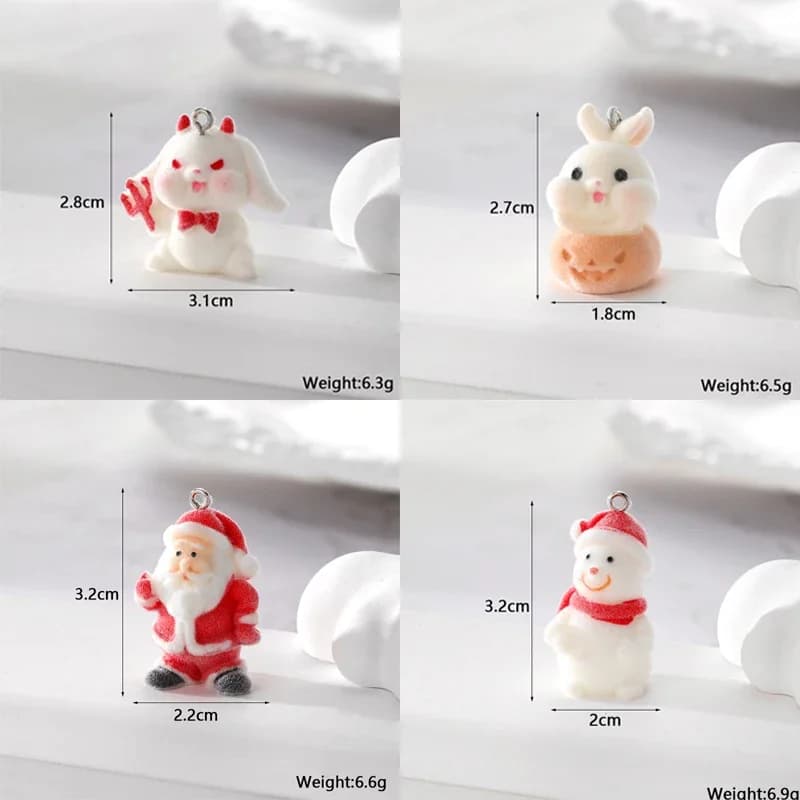 30Pcs 3D Cute Flocked Santa Claus Rabbit Charm Cartoon Animal Plush Resin Pendant For Phone Keychain Earrings Diy Jewelry Make
