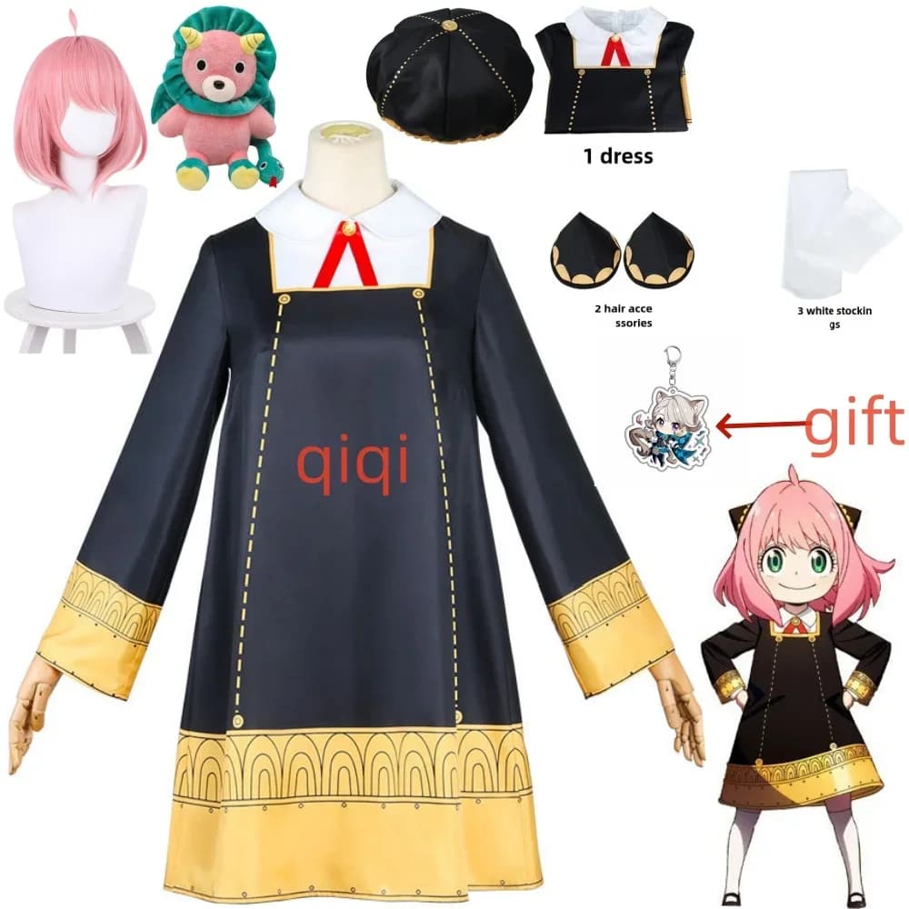 Anime SPY FAMILY Anya Forger Cosplay Costume Toddler Kids Anya Cospla Kawaii Black Dress Party Clothes Wig Halloween Women Girl