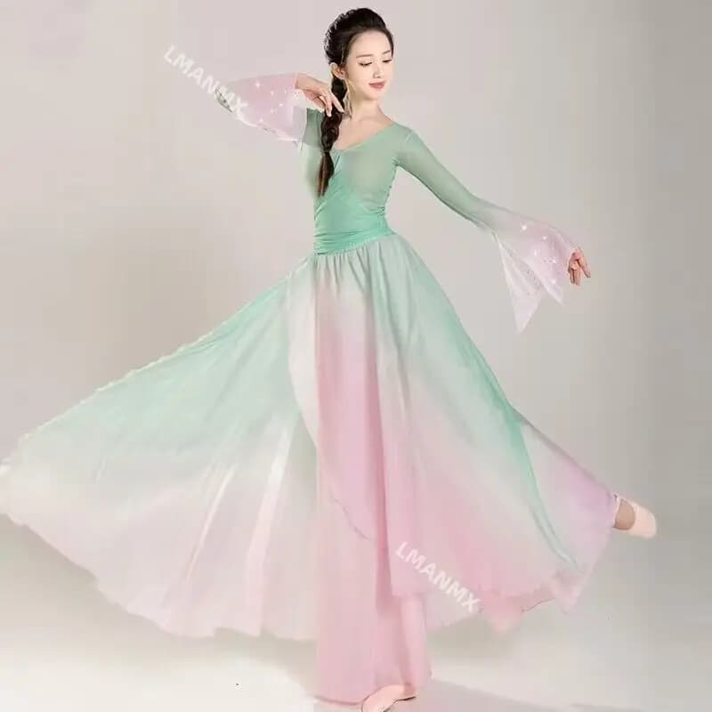 Classical dancer performance costumes chiffon practice dance clothes body long outer green pink Chinese style folk dance dress
