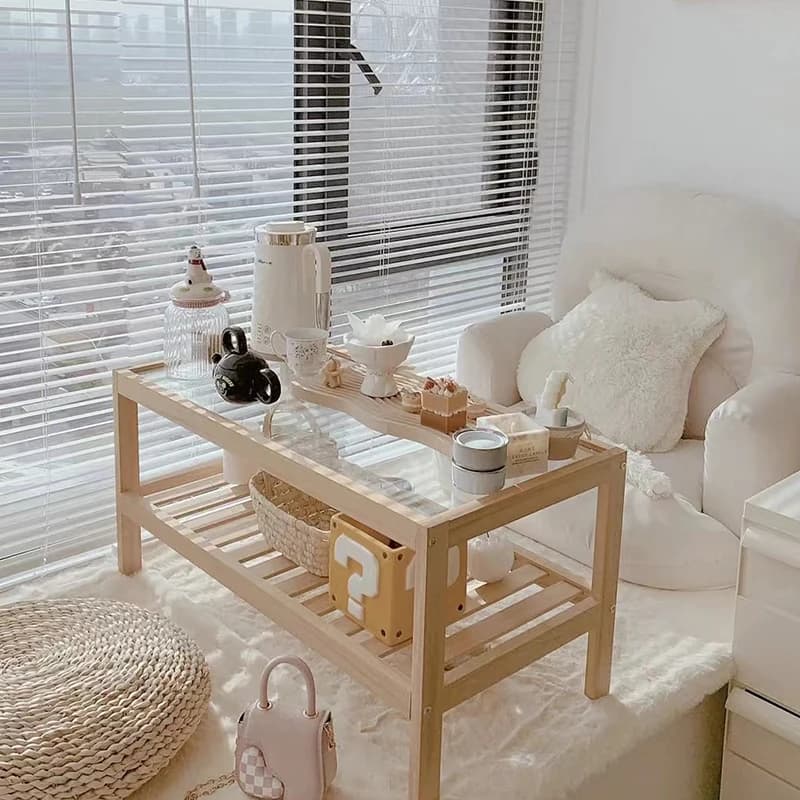 Ins solid wood transparent Changhong glass coffee table Japanese-style log bay window small table rental bedside CJ07