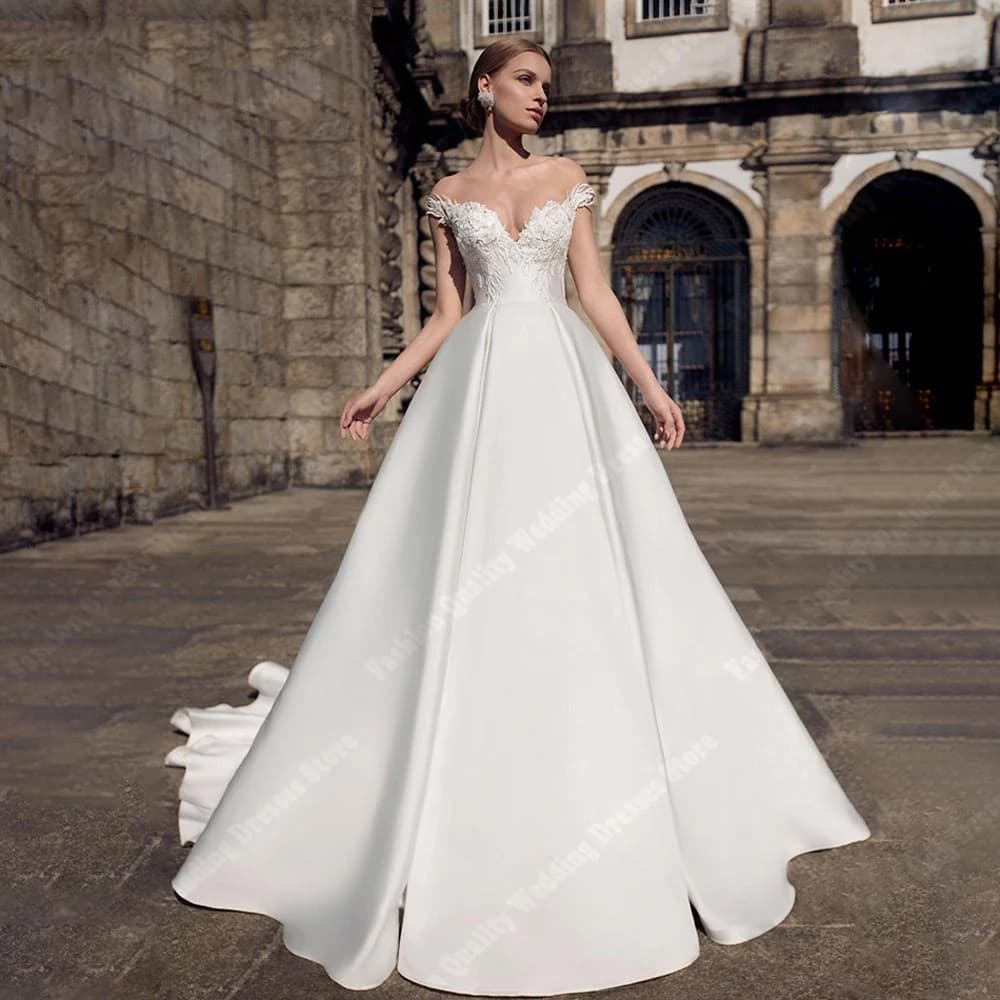 Simple Satin Women Wedding Dresses Modern Off Shoulder Sleeveless Bride Gowns Elegant Floor-Length Vestidos De Novias Customized