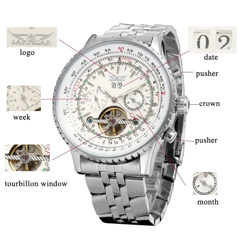 JARAGAR 034 Fashion Men's Automatic Mechanical Watch Tourbillon Stainless Steel Strap Luminous Calendar Week Business Wristwatch