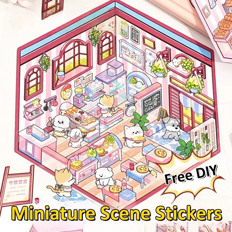 Pink Cute Diy 3d Sticker Cartoon Pocket Cabin Scene Stacking And Pasting Festival Birthday Gift Kid Student Landscaping Stickers