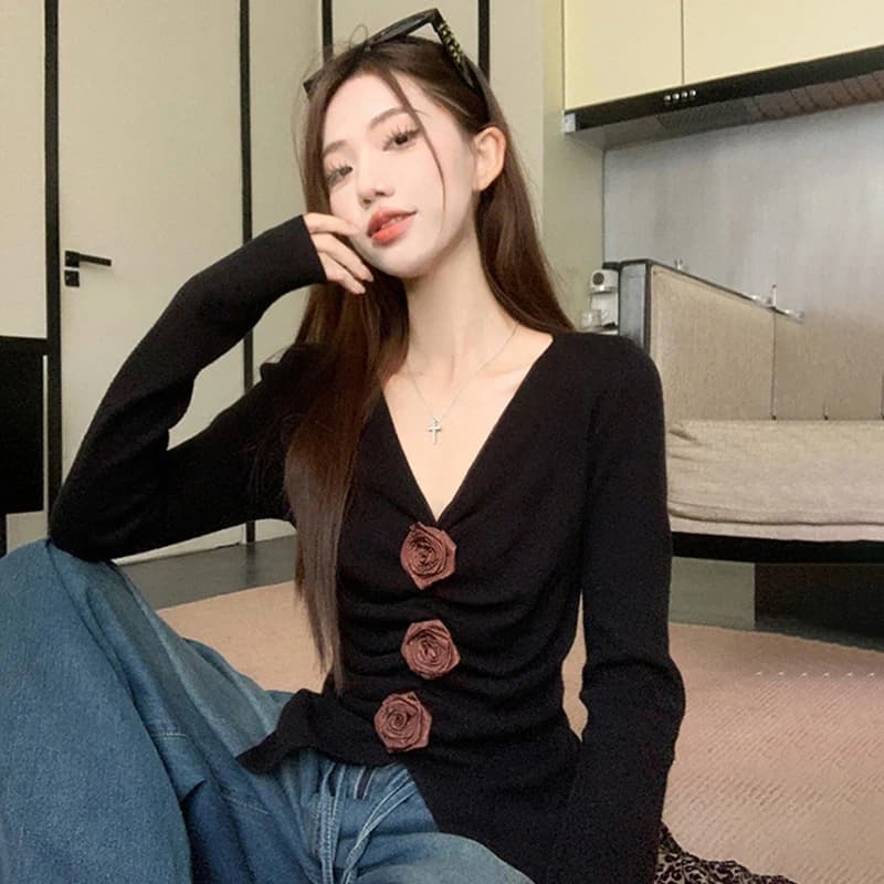 Women's Retro Flower Pleated V-neck Long Sleeve Chic Slits Slim Knitted Sweater