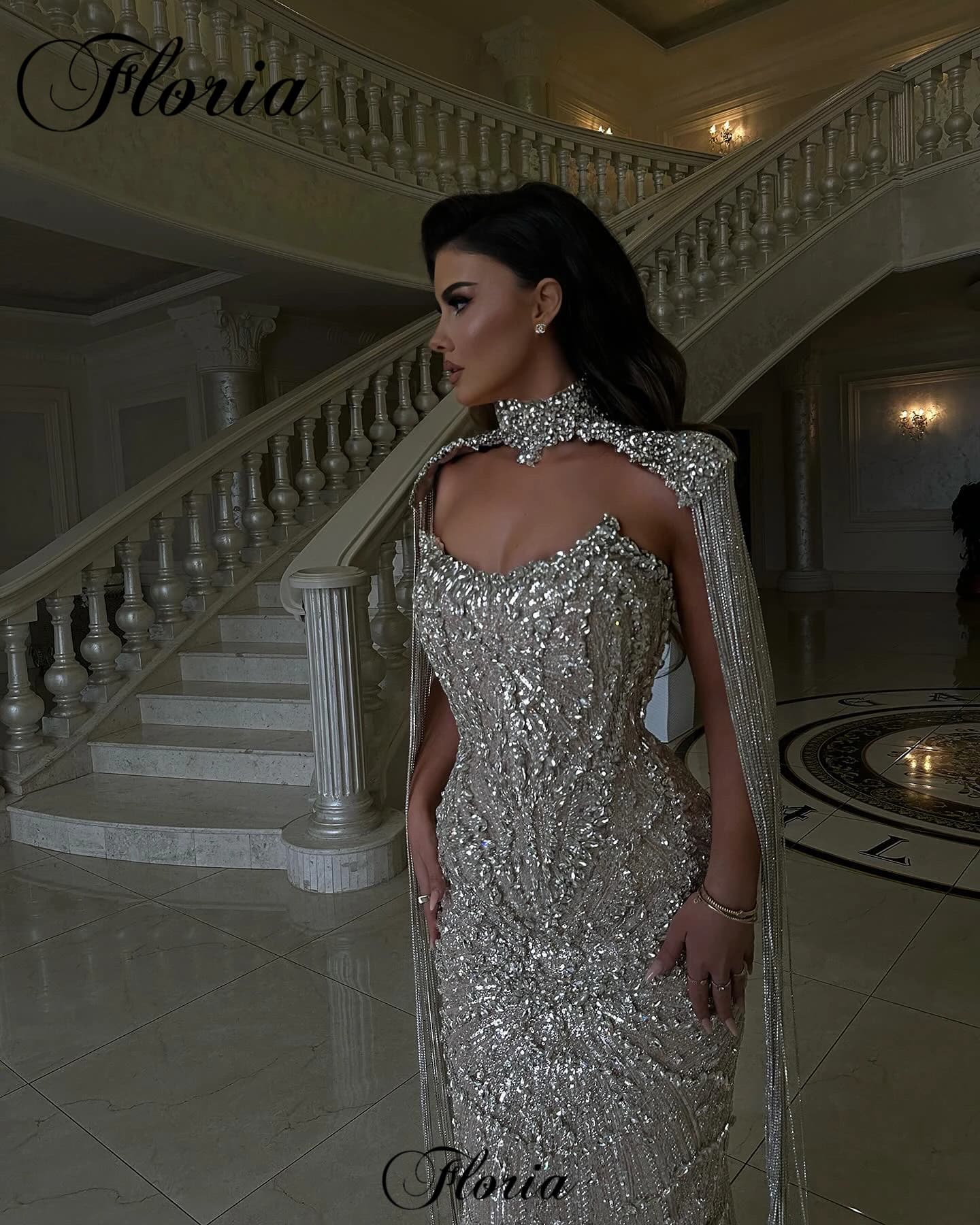 Sparkly Shiny Silver Evening Dresses Luxury Crystals Mermaid Celebrity Dresses With A Cape Vestidos Para Mujer Prom Party Dress