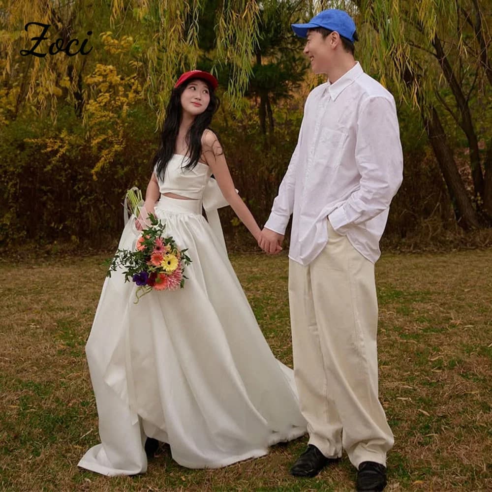 Zoci 2 Pcs A Line Korea Wedding Dresses Photos Shoot Customized Satin Sleeveless Wedding Bridal Dress Big Bow Reception Gown