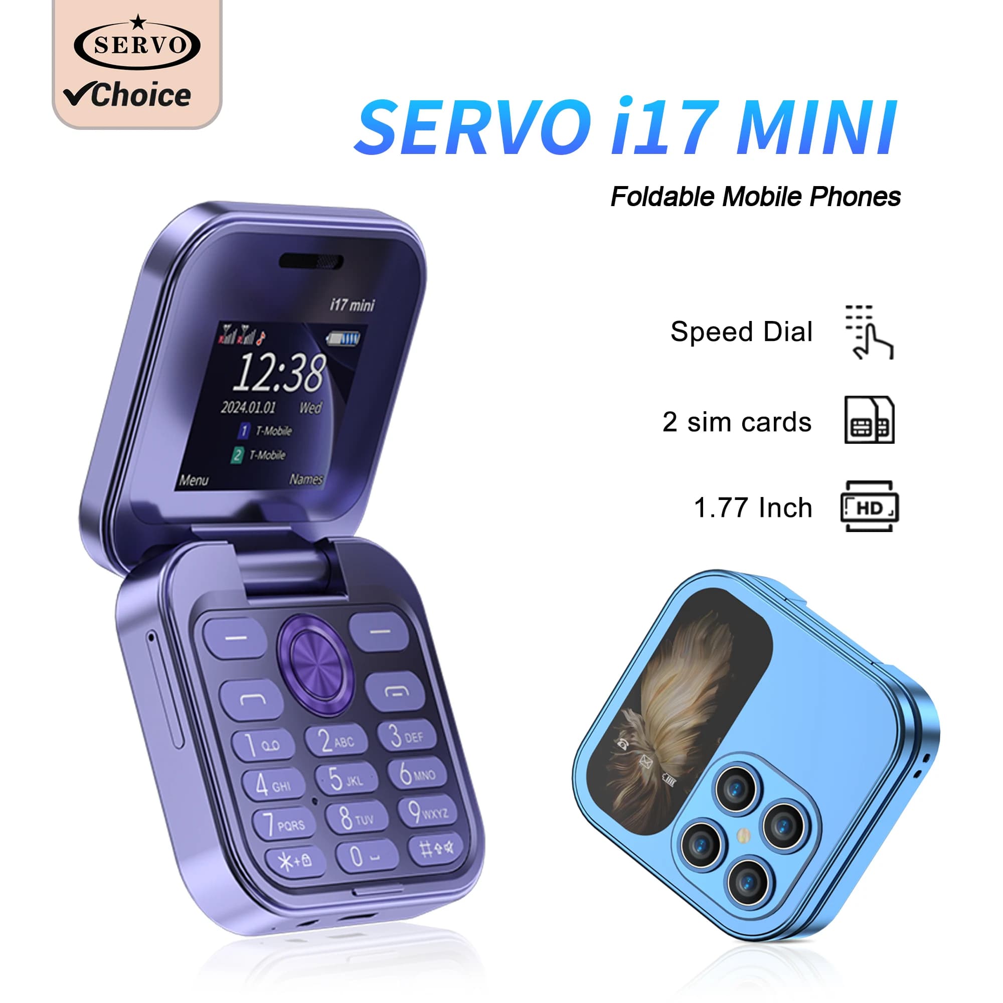 SERVO i17 Mini Flip Mobile Phone 2G Network 1.77inch Screen Dual SIM Flashlight Speed Dial FM Radio Small Fashion Foldable Phone