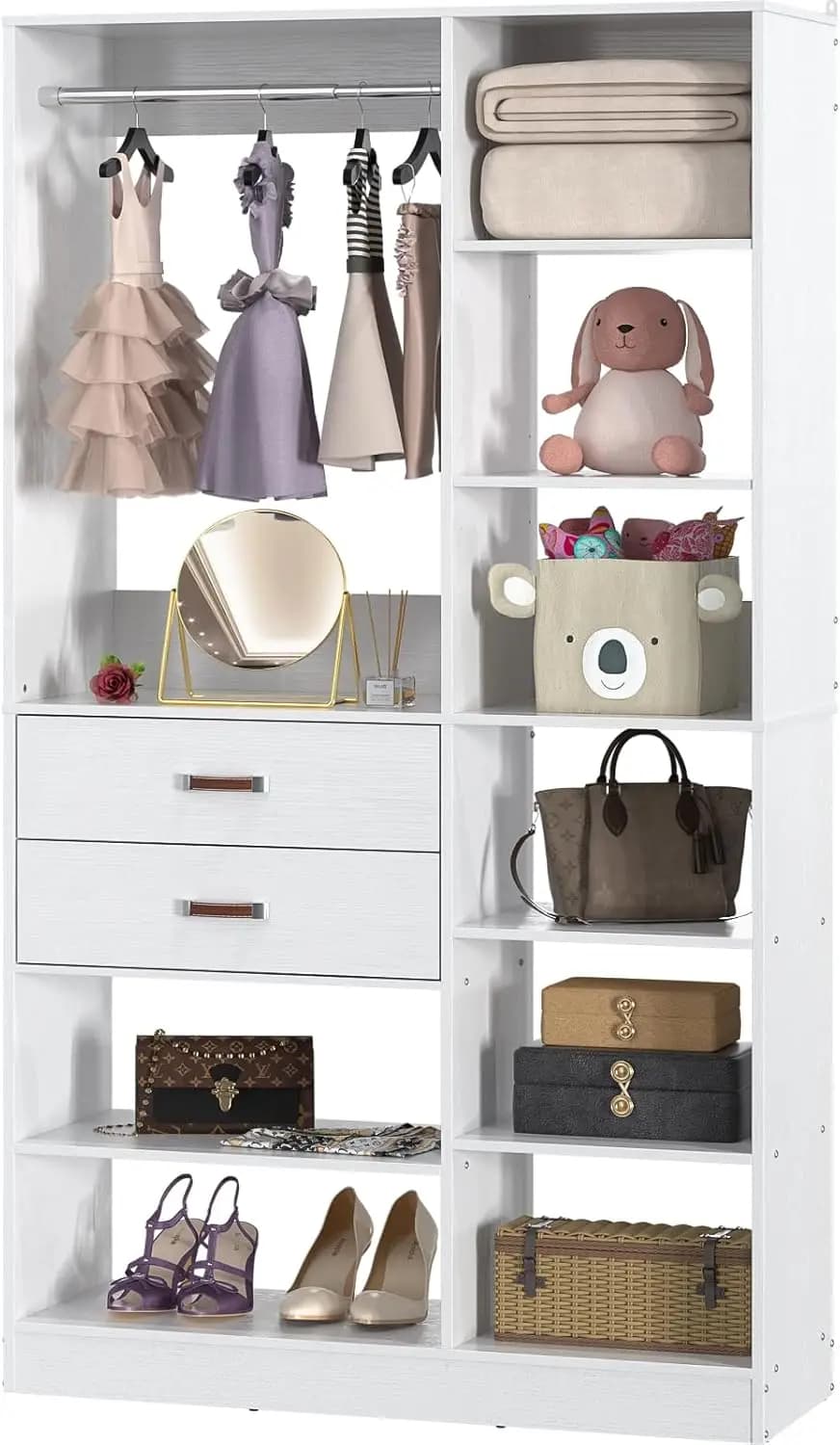 Freestanding Closet System, 40 Inches Stand-Alone Wardrobe with 10 Shelves, 80'' Height Adjustable Cloth Garment Rack with 2 Woo