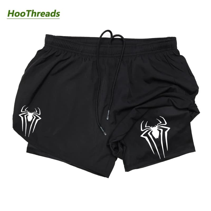 Spider Print 2 in 1 Running Shorts for Men Gym Workout Performance Shorts with Pockets Summer Breathable Quick Dry Athletic