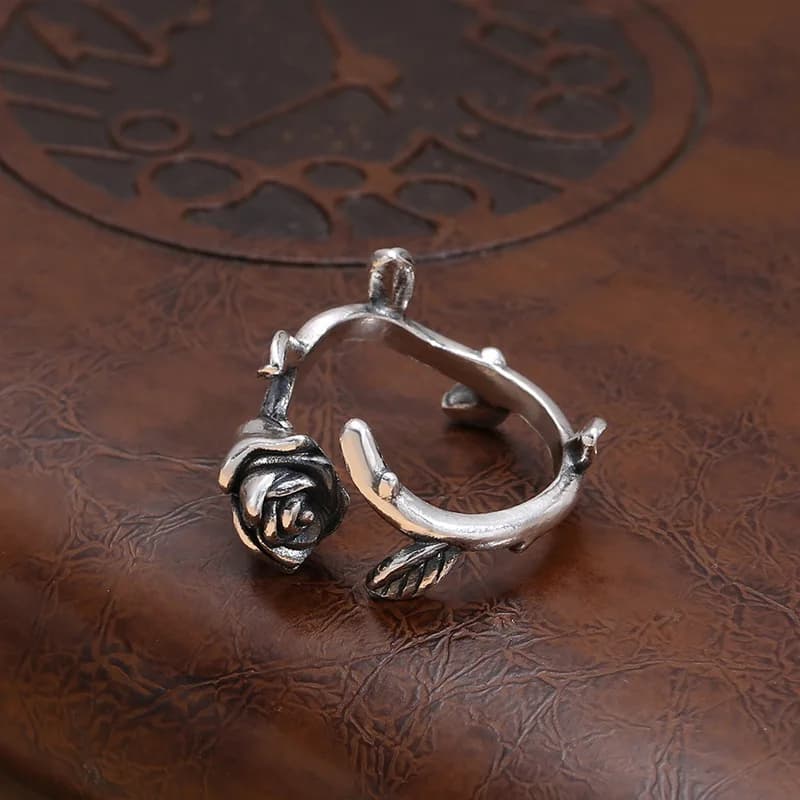 S925 sterling silver retro distressed ring Thai silver rose thorns personality ornament opening adjustable