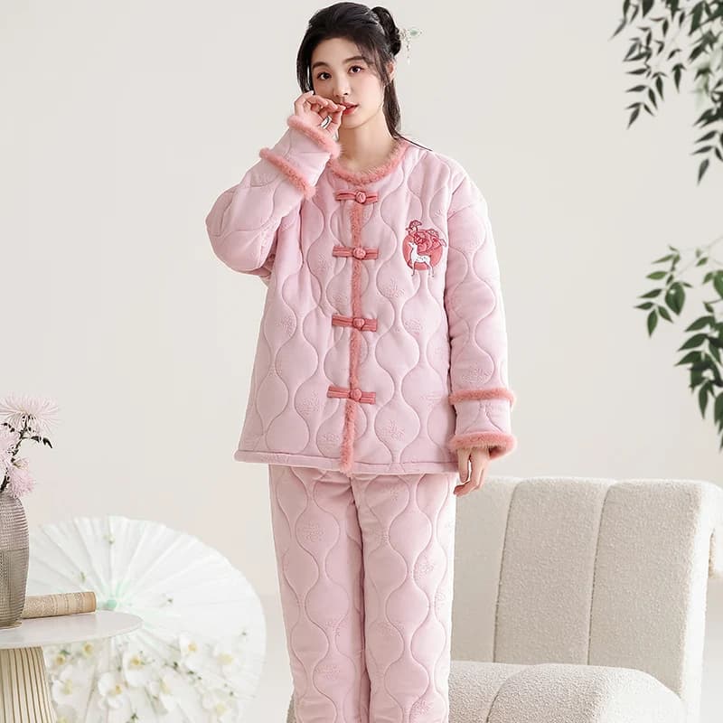Women Clothing Winter Three Layer Clip Cotton Pijama Female Thick Sleepwear