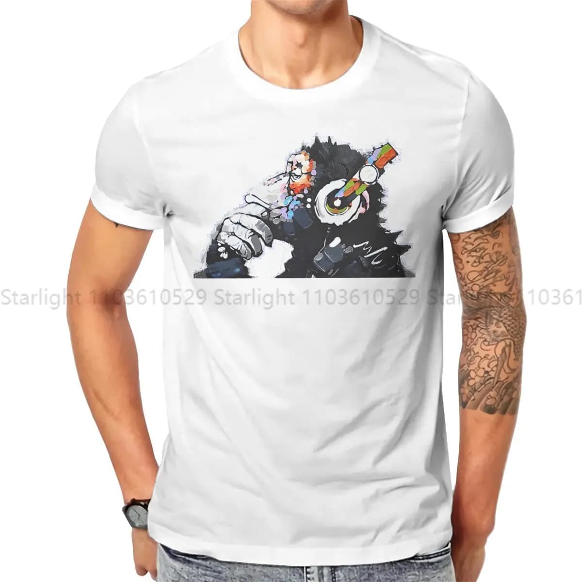 Funky Monkey DJ Headphones TShirt For Men Banksy Art Clothing Novelty T Shirt Soft