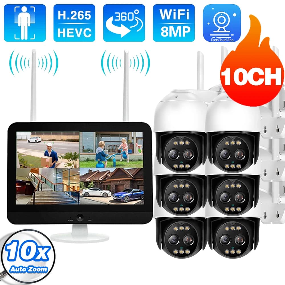 12.5 Inch 10CH NVR Smart Wireless Wifi Camera Kit 8MP 10X Zoom PTZ Auto Track Outdoor Security Camera Video Surveillance System