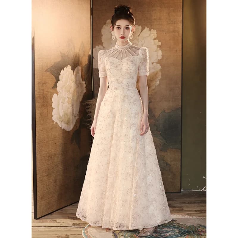 Elegant Beaded High Neck Evening Dress Light Luxury Embroidered Engagement Dresses Temperament Backless Lace Up A-Line Prom Gown