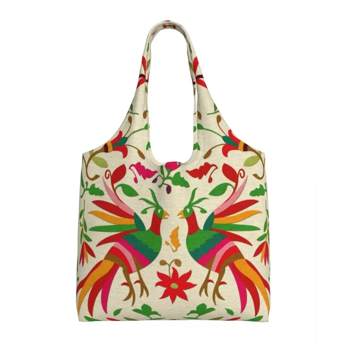 Otomi Birds Mexican Flowers Embroidery Shopping Tote Bags Reusable Folk Floral Texture Grocery Canvas Shoulder Shopper Bag