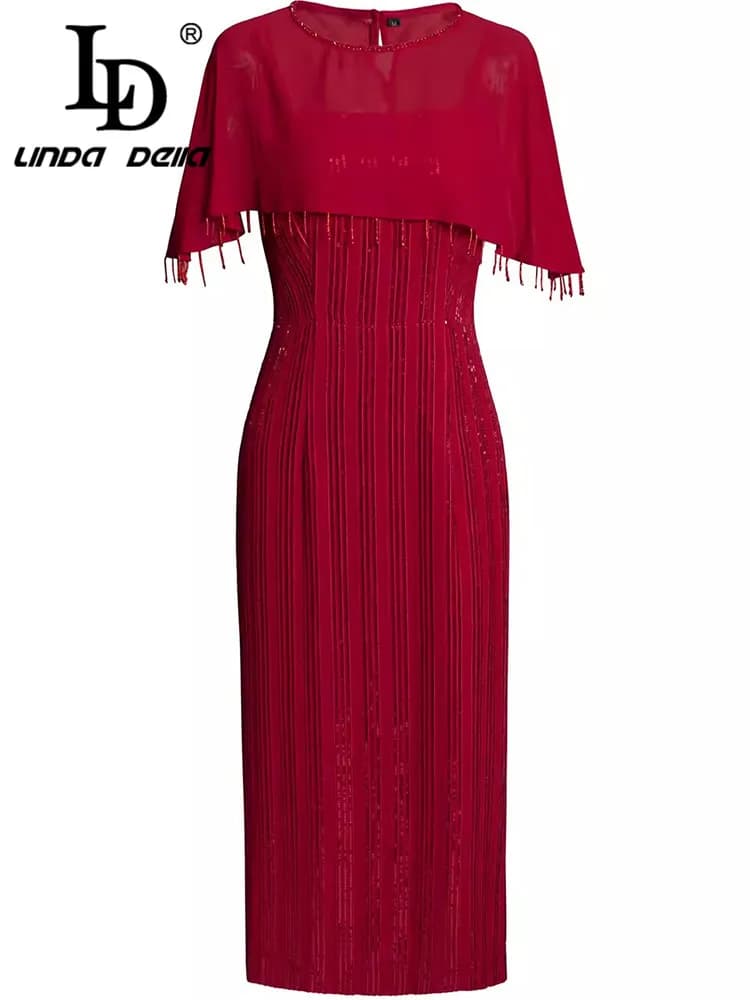 LD LINDA DELLA Summer Women's Straight Dress Cloak Sleeves Beading Tasserl Sequins Slim-Fit Hip Wrap Evening M-4XL Dresses