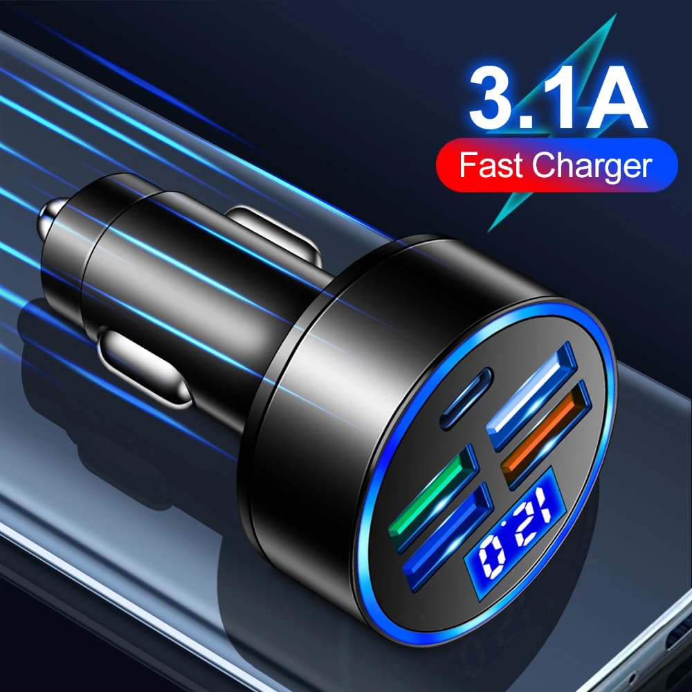 USB Car Charger 3.1A LED 5 Ports Fast Charger PD Type C QC3.0 USB C Mobile Phone Charger in Car For iPhone Samsung Huawei Xiaomi