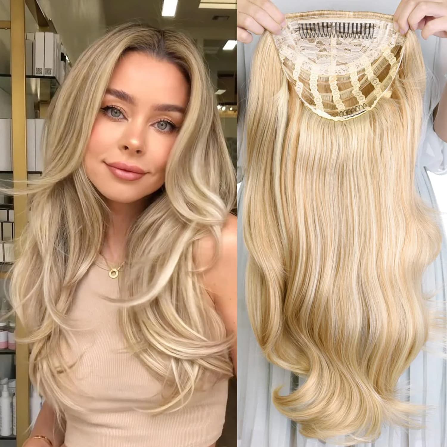 24 Inch Synthetic Long Wavy Head Tied  3/4 Half Wigs for Women With Clips In, Hair Extension Blonde Wigs