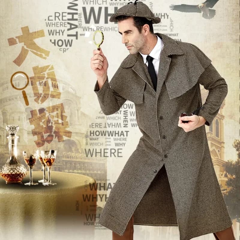 Halloween Men's Film Role: Detective Sherlock Plays Costume: British Plaid High Neck Coat Carnival Birthday Ball Cosplay Costume