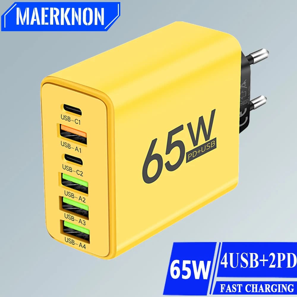 65W USB C Fast Charger Muti 6 Ports Type C PD Wall Adapter for iPhone 15 Pro Xiaomi Huawei Samsung Portable High Speed Charging