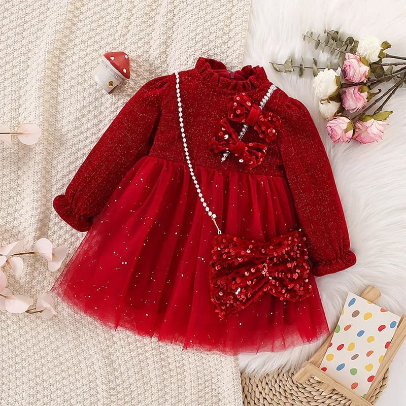 Christmas  Autumn Winter Girls New Year Dress Princess Children Clothing Bow Button Mesh Thickened Children's Skirt Long Sleeve