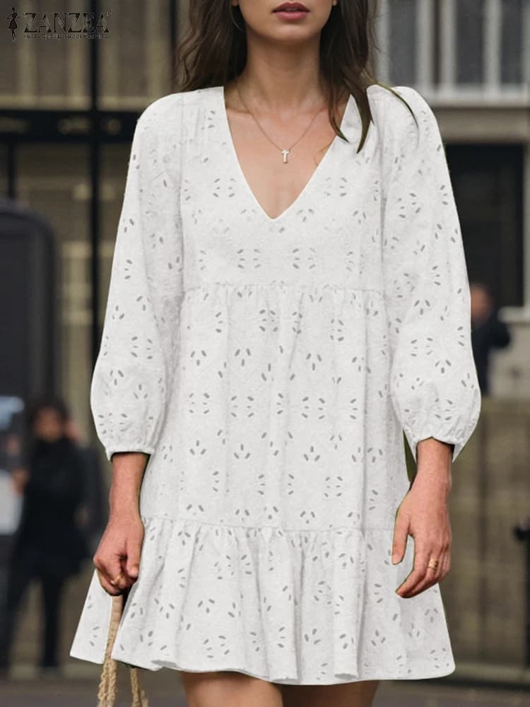 ZANZEA Lace Patchwork Tiered Robes Vacation 2024 Fashion Puff Sleeve Women Mini Dress V Neck Hollow Out Embroidery Vestidos