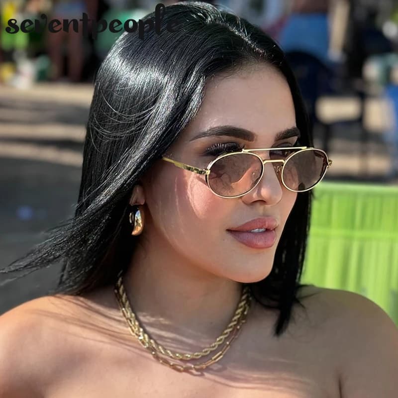 Small Oval Metal Frame Steampunk Sunglasses For Women 2025 Luxury Brand Vintage Double Beam Shades Classic Round Punk Eyewear