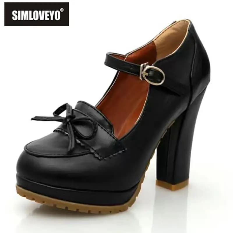 SIMLOVEYO Janes Women Pumps Round Toe High Block Heels 11cm Platform Buckle Strap Bowknot Big Size 42 43 Sweet Dating Shoes