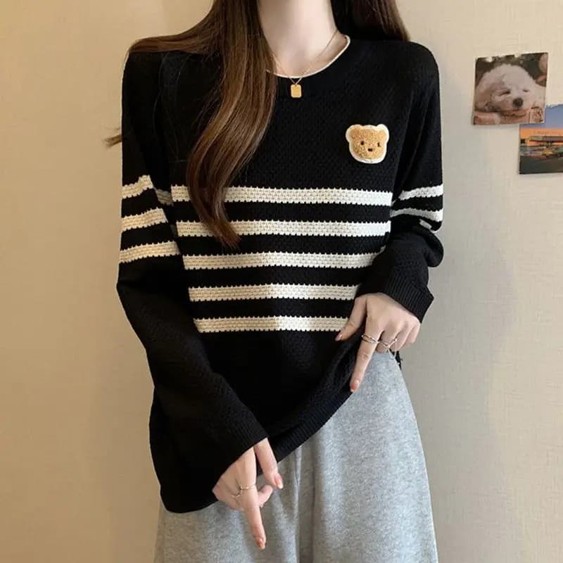 Preppy Style Autumn Women's Sweaters O-Neck Striped Cartoon Screw Thread Fashion Casual Loose Long Sleeve Pullovers Knitted Tops