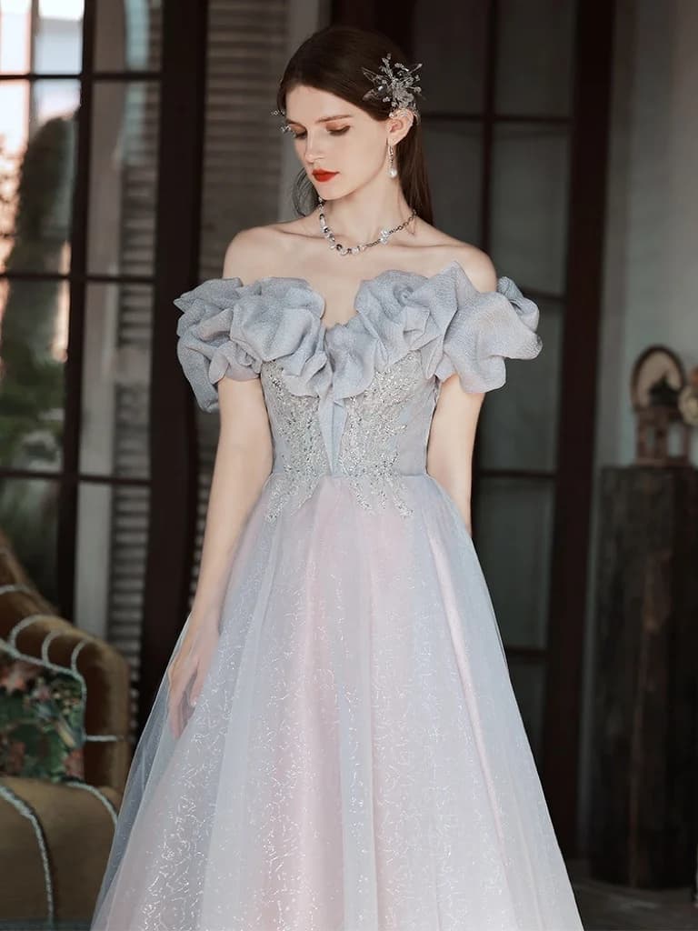 Elegant Gray Blue Celebrity Dresses Off Shoulder Beading Sequined Applique A Line Long Lace Up Wedding Party Prom Evening Gowns