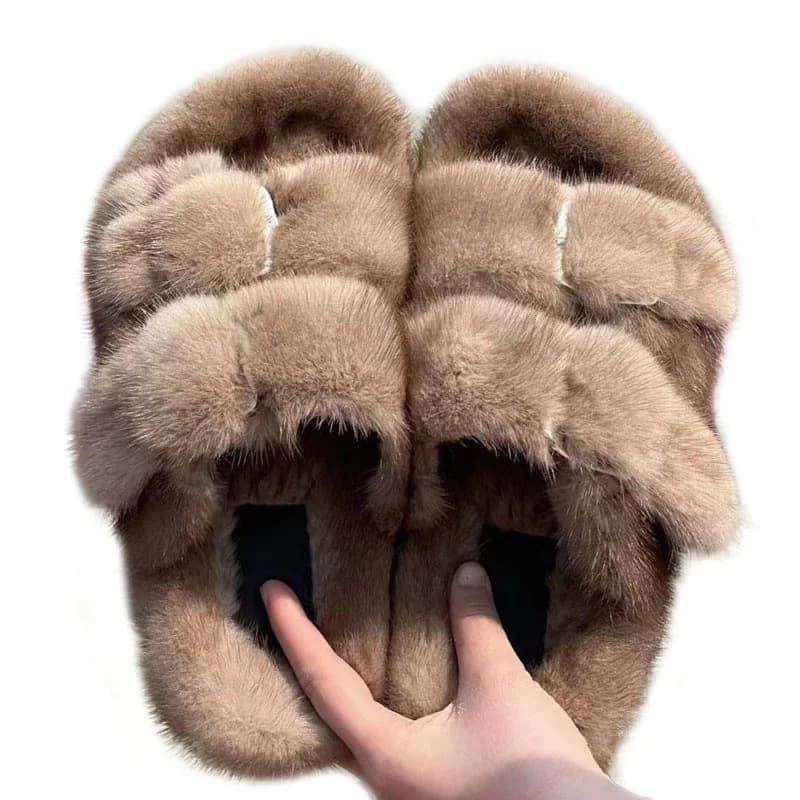 Women Fur Slippers Winter Warm Furry Mink Fur Fluffy Plush Slippers Home House Indoor Shoes Bedroom Slippers Female Ladies Shoes