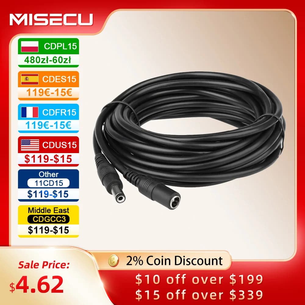 MISECU DC Power Extension Cable Jack Socket To 5.5mmx2.1mm Male Plug  For CCTV Security Camera Black 16.5Feet 5M 10m power cable