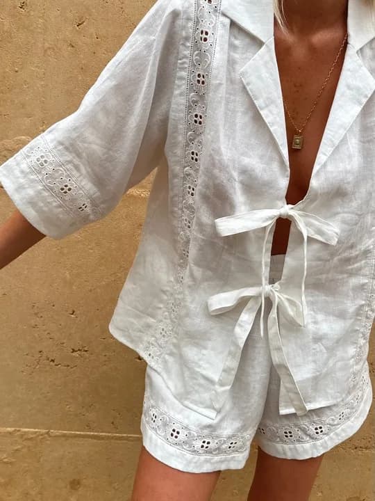 New Fashion Womens  Linen Blend Lace Splicing Tie-Up Shirt And Elastic Waist Pocketed Shorts Set Skin Friendly Hot Sale S M L