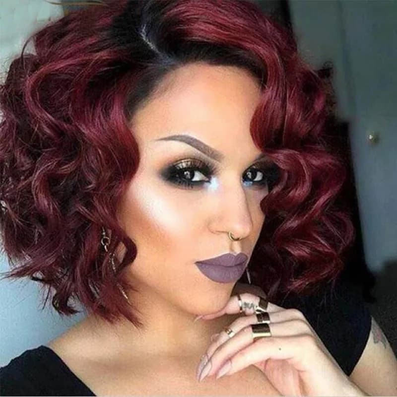 Short Ombre Burgundy Bob Syntheic Wigs Hairstyles for Women Synthetic Bob Wigs for Women with Darkroots Black Women Hairstyles