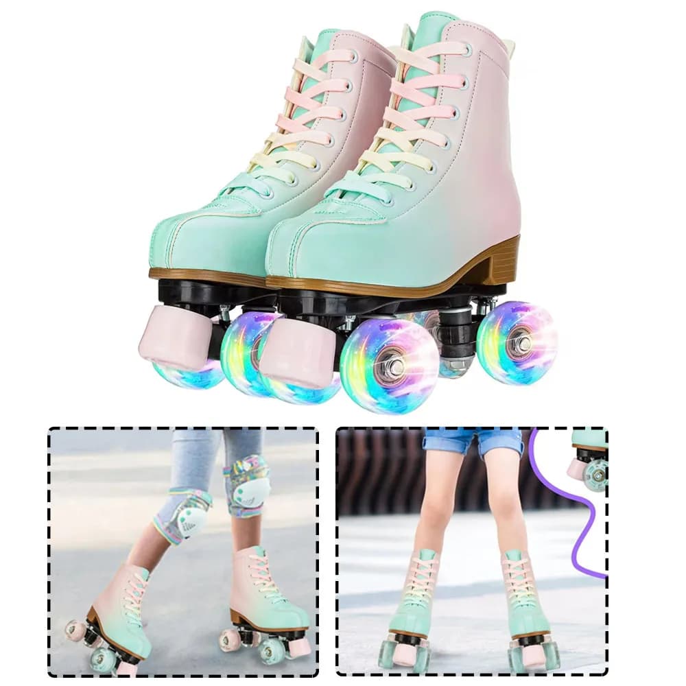 PU Leather Roller Skates Shoes 4 Wheels Sneakers Indoor Outdoor Roller Skates Light Up Kids Youth Roller Skates Girls Ages 8-12