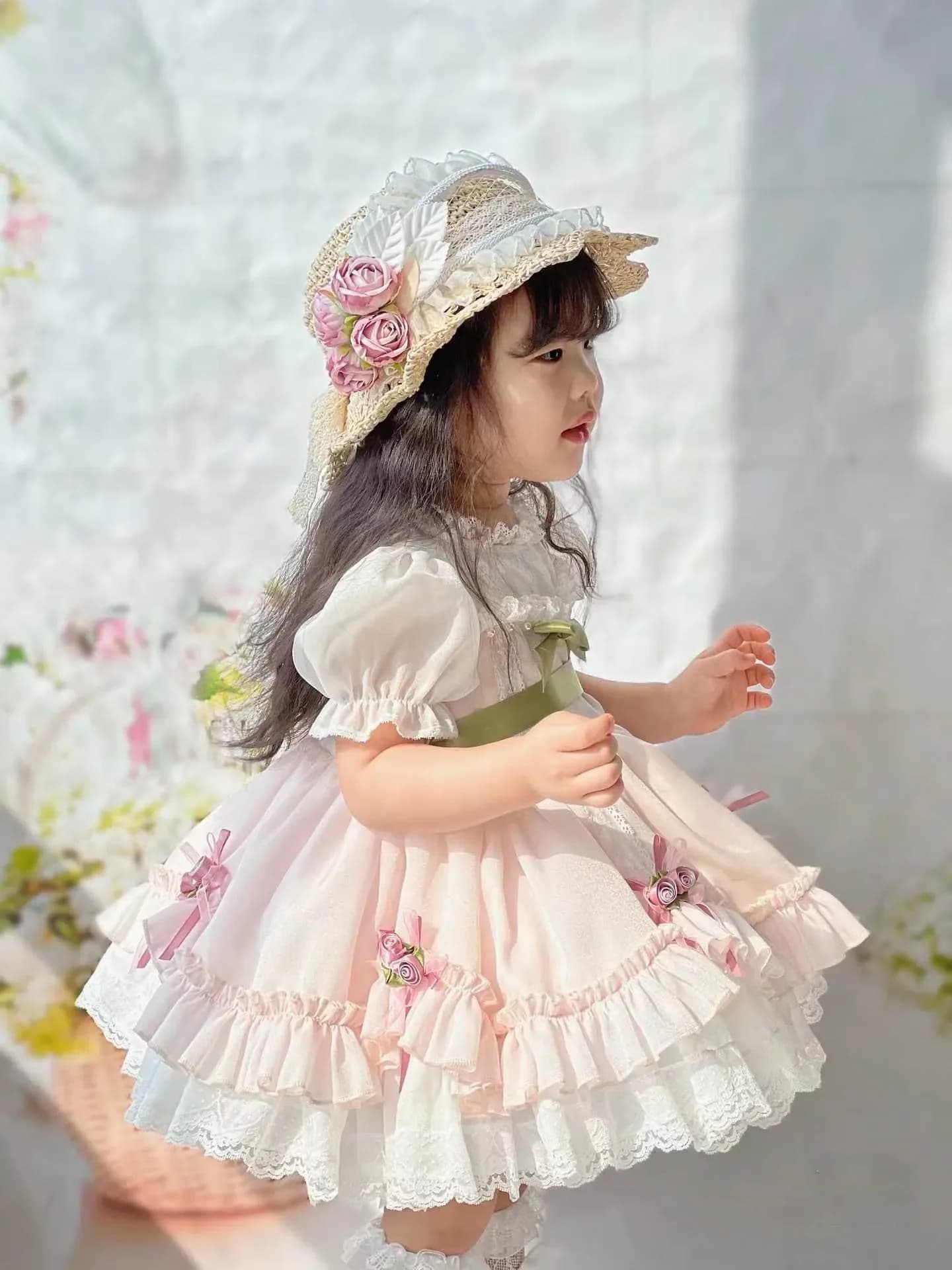 0-12Y Baby Girl Summer Light Green Pink Turkish Vintage Lolita Princess Ball Gown Dress for Birthday Holiday Casual Eid B304