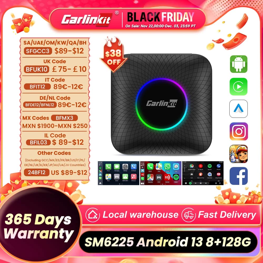 CarlinKit CarPlay Ai Box Android 13 SM6225 8 cores 8G+128G Smart Android TV Box Wireless CarPlay Android Auto Support 512GB SD