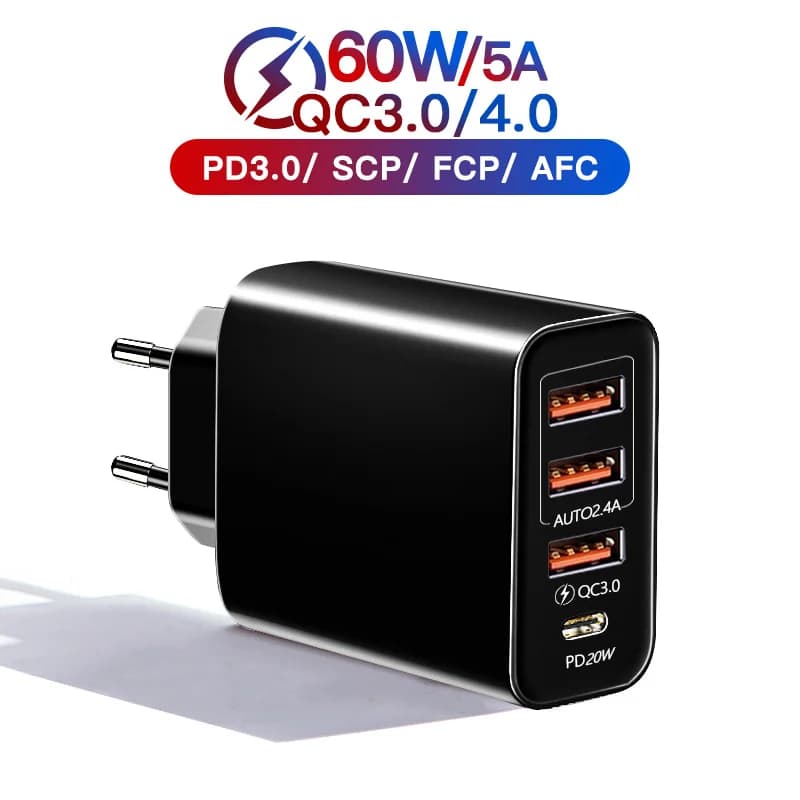 Total 60W USB Fast Charger Multiple 4 Ports USB Quick Charge 3.0 PD Quick Charging Adapter EU/US Plug For iPhone Xiaomi Samsung