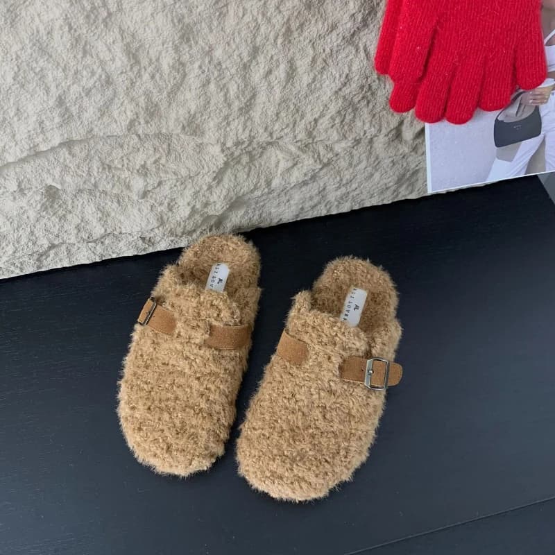 Thick-soled Round-headed Plush Inner Slippers Outdoor Flat-bottomed Slippers Women's Retro Belt Buckle Flats Overshoes 35-39