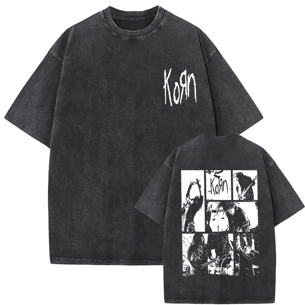 New Washed Vintage Alternative Nu Metal Rock Band Korn Print Tshirt Men Oversized T-shirts Male Fashion T Shirts Y2k Streetwear