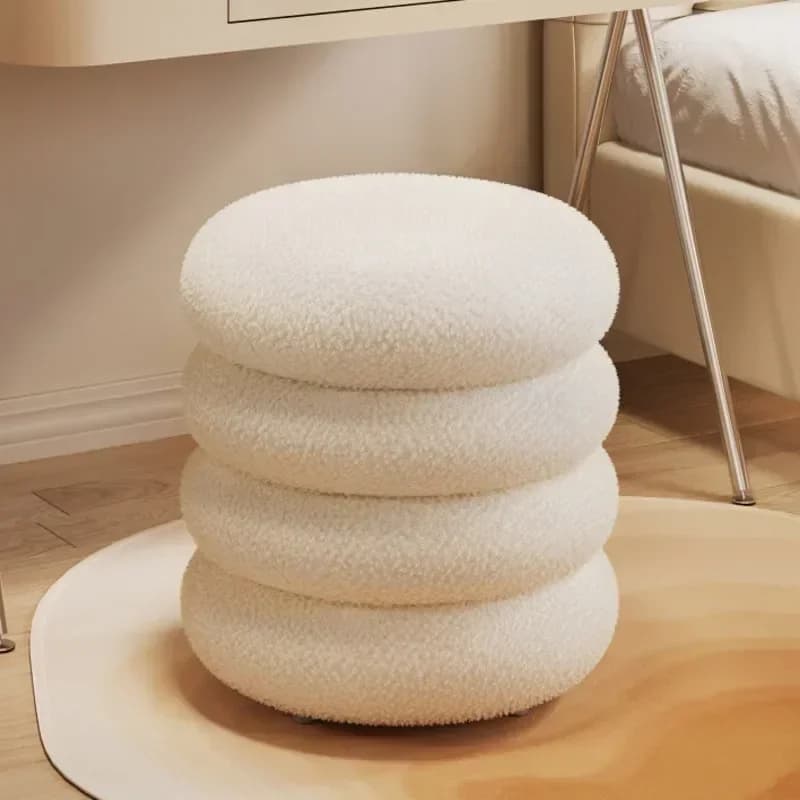 Creamy Household Stool Girls' Makeup Seat Bedroom Vanity Chair Soft Lamb Wool Pouf Minimalist Manicure Round Ottoman