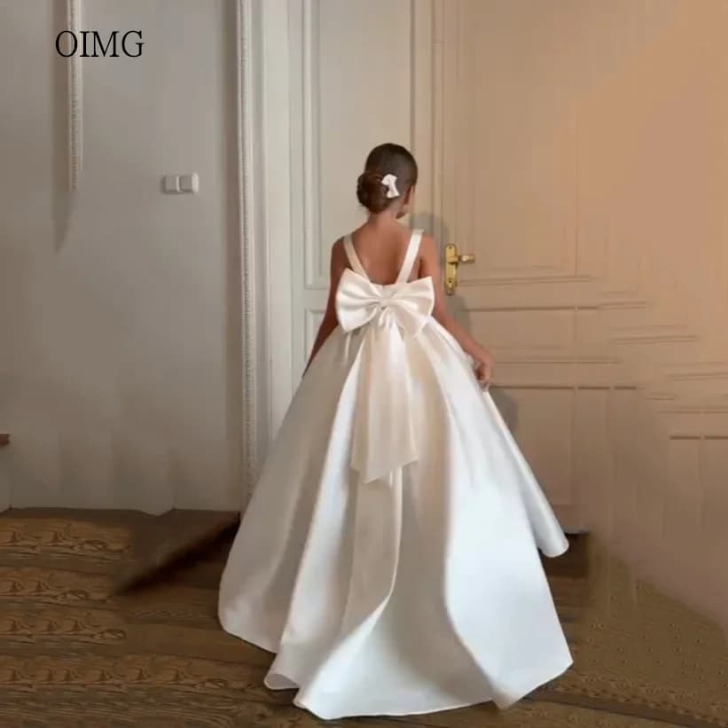 OIMG Simple Ivory A Line Flower Girl Dresses O Neck Wedding Party Dress With Big Bow Long Princess Birthday Dress Customized