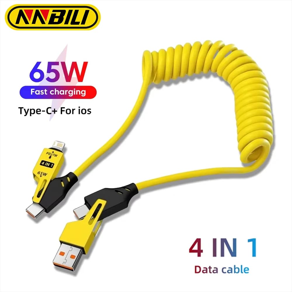 NNBILI 4 in 1 65W Spring Short Data Cable 6A USB Type C Spring Telescopic Quick Charger Wire Spring Cord for iPhone 15 14 13 11